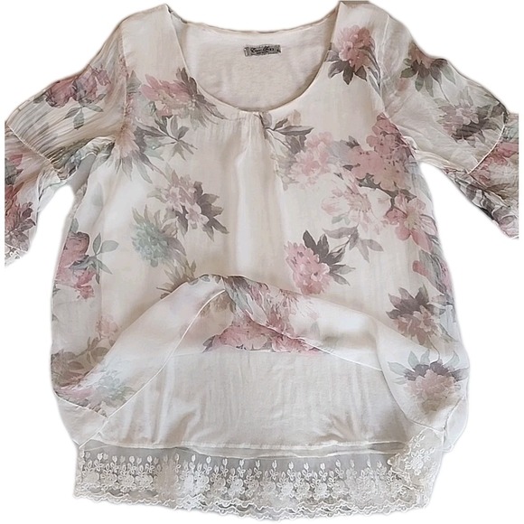 VTG Womens Silk Top S Pastel Pink Floral Bell Sleeve Lined Fairy Soft Cottage - Picture 3 of 12